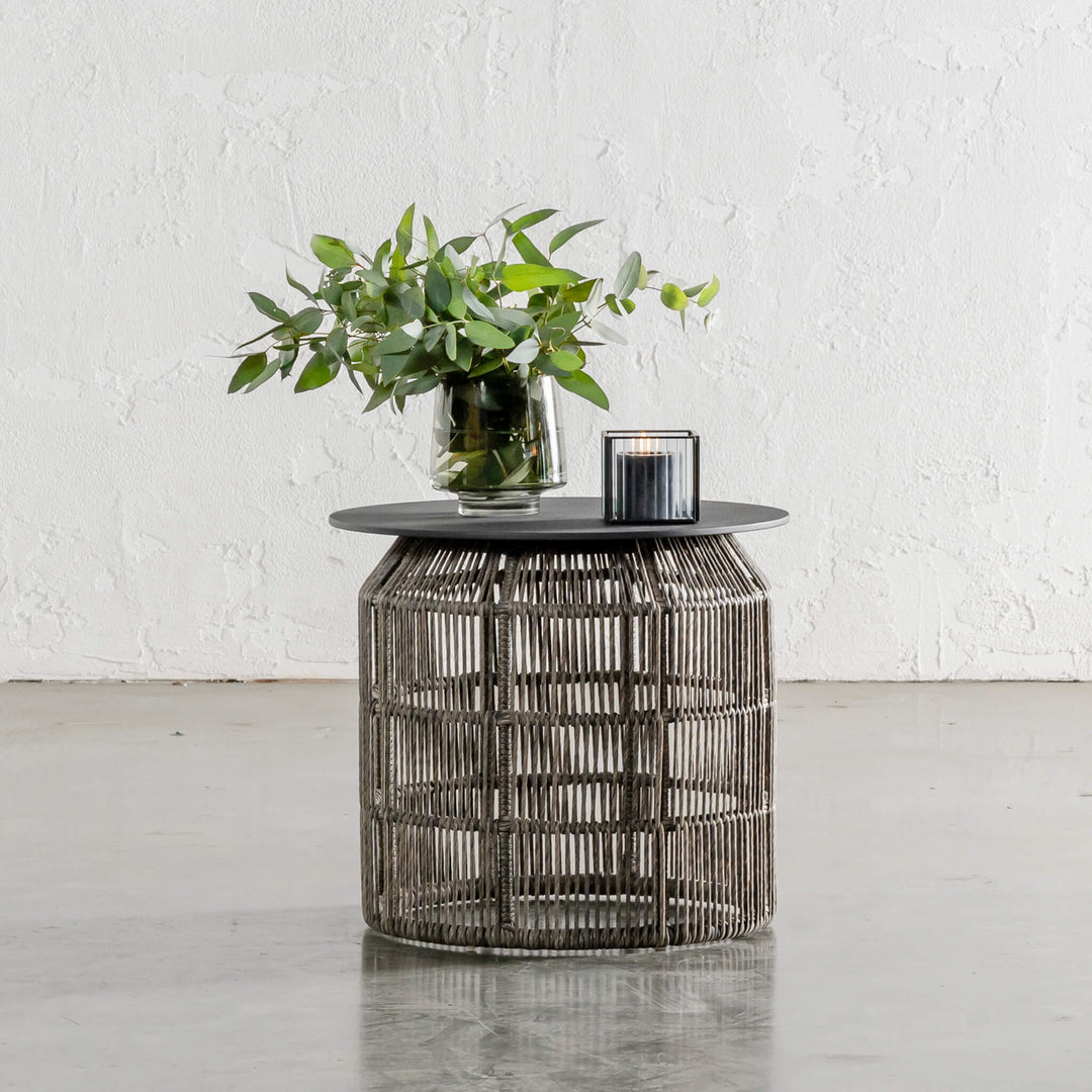 INIZIA WOVEN RATTAN INDOOR / OUTDOOR SIDE TABLE |  PUMICE SHADOW