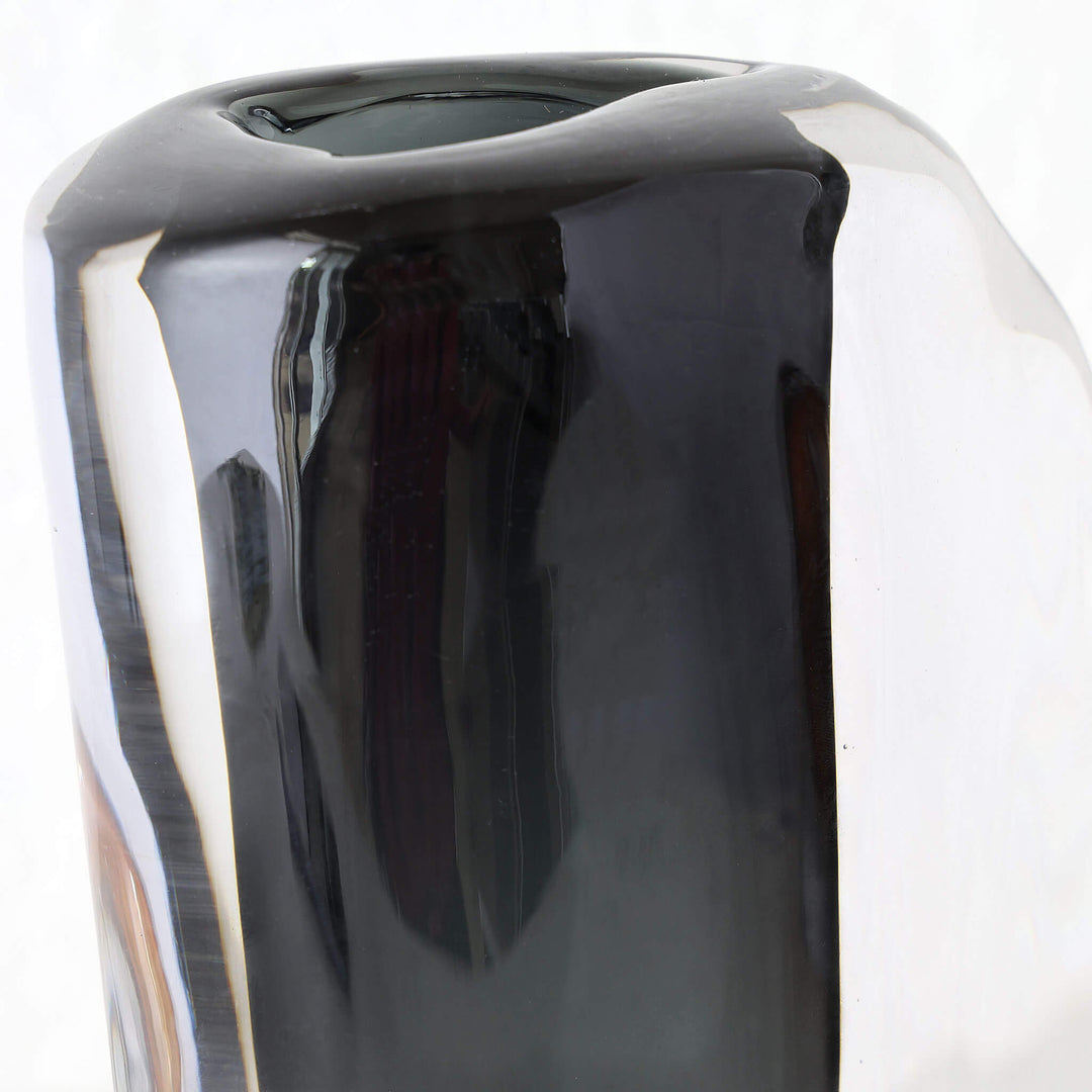 JORG HAND BLOWN GLASS VASE  |  SMALL |  CHARCOAL + CLEAR GLASS | CLOSEUP