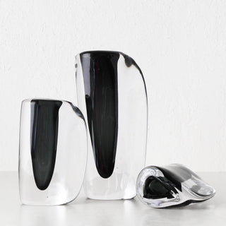 JORG HAND BLOWN GLASS VASE BUNDLE X3  |  S + M + L  |  CHARCOAL + CLEAR GLASS