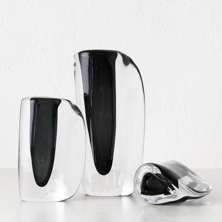 JORG HAND BLOWN GLASS VASE BUNDLE X3  |  S + M + L  |  CHARCOAL + CLEAR GLASS