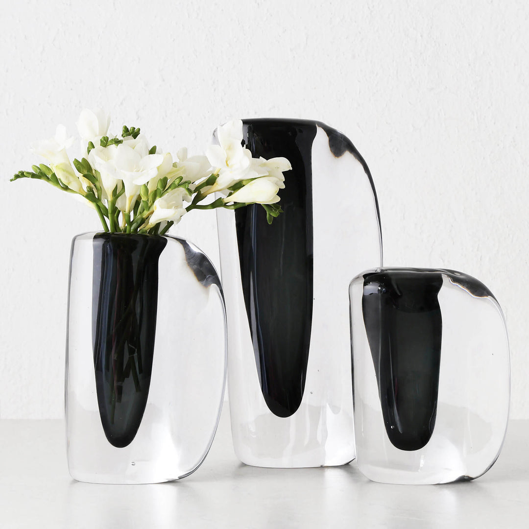 JORG HAND BLOWN GLASS VASE BUNDLE X3  |  S + M + L  |  CHARCOAL + CLEAR GLASS