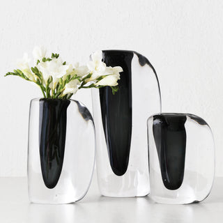 LIVING BY DESIGN EXCLUSIVE  |  JORG HAND BLOWN GLASS VASE  |  SMALL |  CHARCOAL + CLEAR GLASS