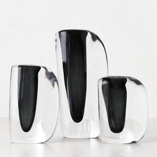 JORG HAND BLOWN GLASS VASE BUNDLE X3  |  S + M + L  |  CHARCOAL + CLEAR GLASS