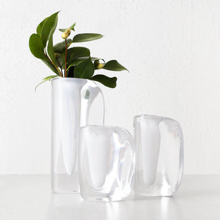 LIVING BY DESIGN EXCLUSIVE  |  JORG HAND BLOWN GLASS VASE BUNDLE X3  |  S + M + L  |  WHITE + CLEAR GLASS