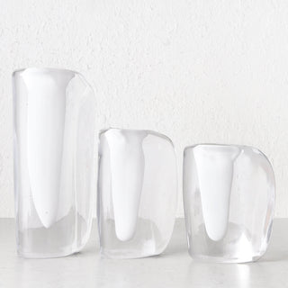 LIVING BY DESIGN EXCLUSIVE  |  JORG HAND BLOWN GLASS VASE BUNDLE X3  |  S + M + L  |  WHITE + CLEAR GLASS