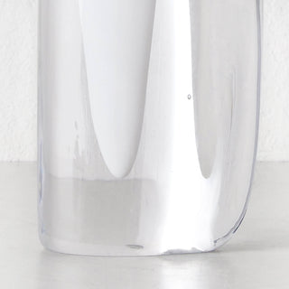 LIVING BY DESIGN EXCLUSIVE  |  JORG HAND BLOWN GLASS VASE |  CLOSE UP |  WHITE + CLEAR GLASS