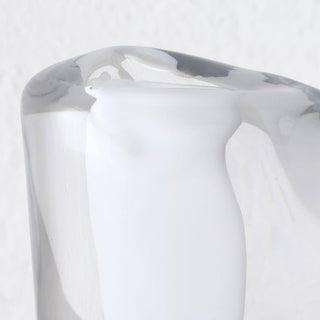 LIVING BY DESIGN EXCLUSIVE  |  JORG HAND BLOWN GLASS VASE |  CLOSE UP |  WHITE + CLEAR GLASS