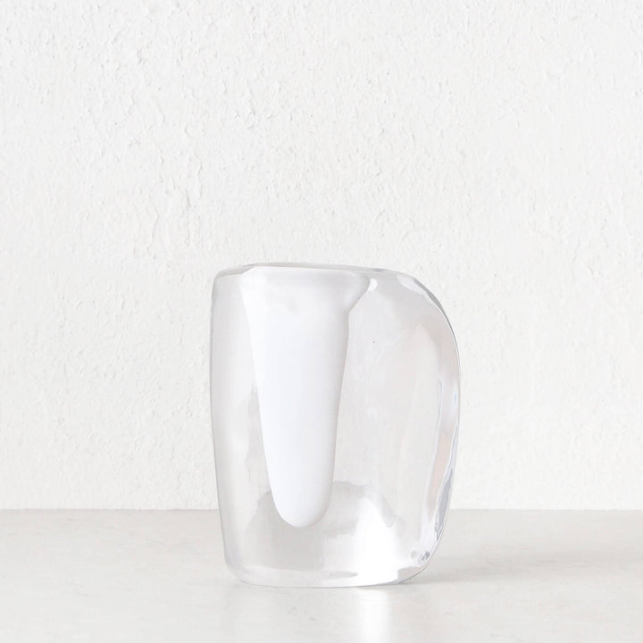 JORG HAND BLOWN GLASS VASE  |  SMALL |  WHITE + CLEAR GLASS
