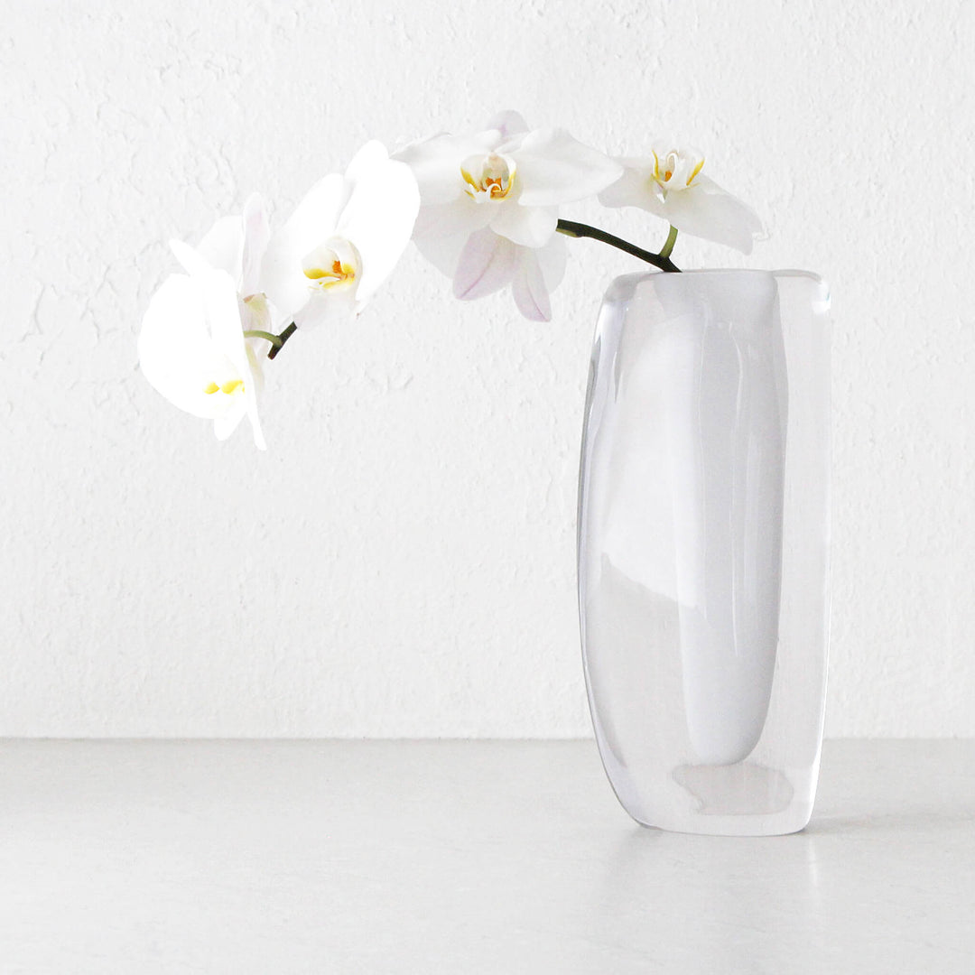 JORG HAND BLOWN VASE  |  WHITE + CLEAR GLASS  |  LARGE