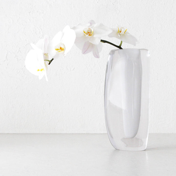 JORG HAND BLOWN VASE  |  WHITE + CLEAR GLASS  |  LARGE