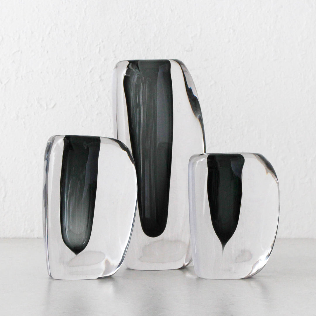 JORG HAND BLOWN VASE  |  CHARCOAL + CLEAR GLASS  |  SMALL