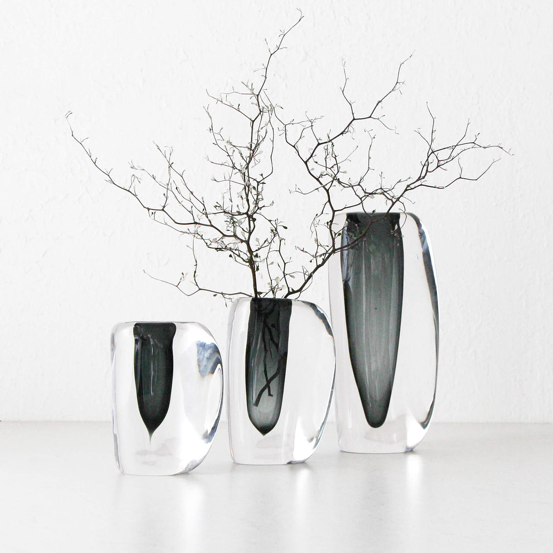 JORG HAND BLOWN VASE  |  CHARCOAL + CLEAR GLASS  |  LARGE