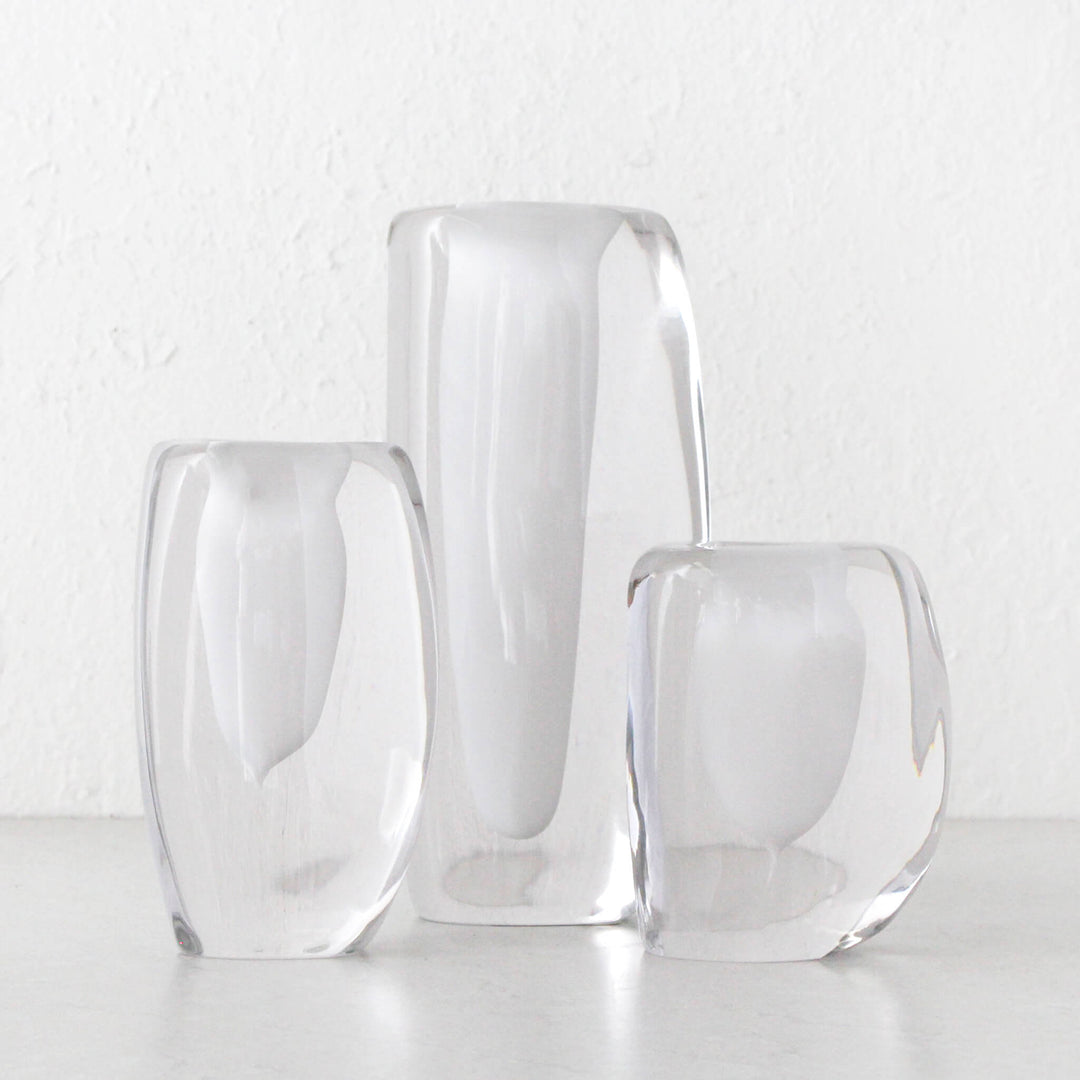 JORG HAND BLOWN VASE BUNDLE X3 |  SMALL + MEDIUM + LARGE  |  WHITE + CLEAR GLASS