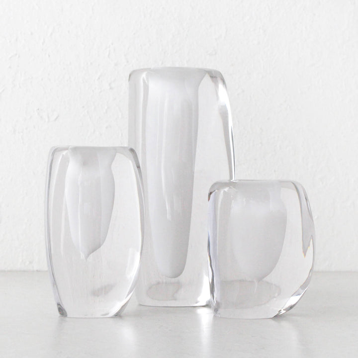 JORG HAND BLOWN VASE BUNDLE X3 |  SMALL + MEDIUM + LARGE  |  WHITE + CLEAR GLASS