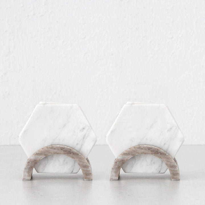 KITSON MARBLE COASTER WITH HOLDERS | SET OF 8 | WHITE + BEIGE MARBLE