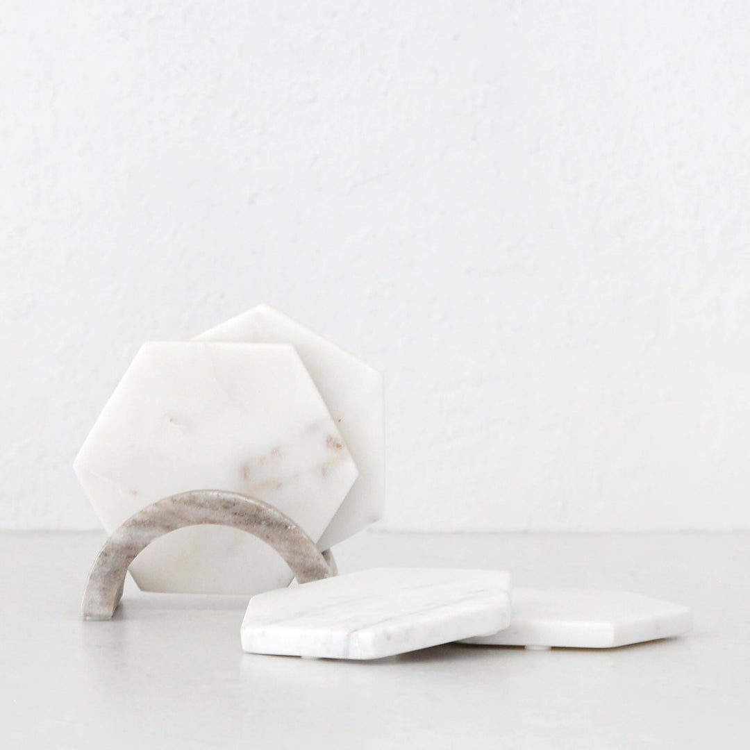 KITSON MARBLE COASTER WITH HOLDERS  |  SET OF 8  | WHITE + BEIGE MARBLE