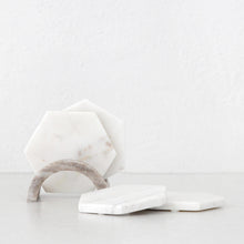 KITSON MARBLE COASTER WITH HOLDERS  |  SET OF 8  | WHITE + BEIGE MARBLE