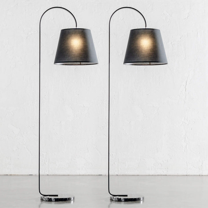 LACRES CURVED MATTE BLACK FLOOR LAMP | NOIR MARBLE | BLACK LINEN SHADE | BUNDLE X2