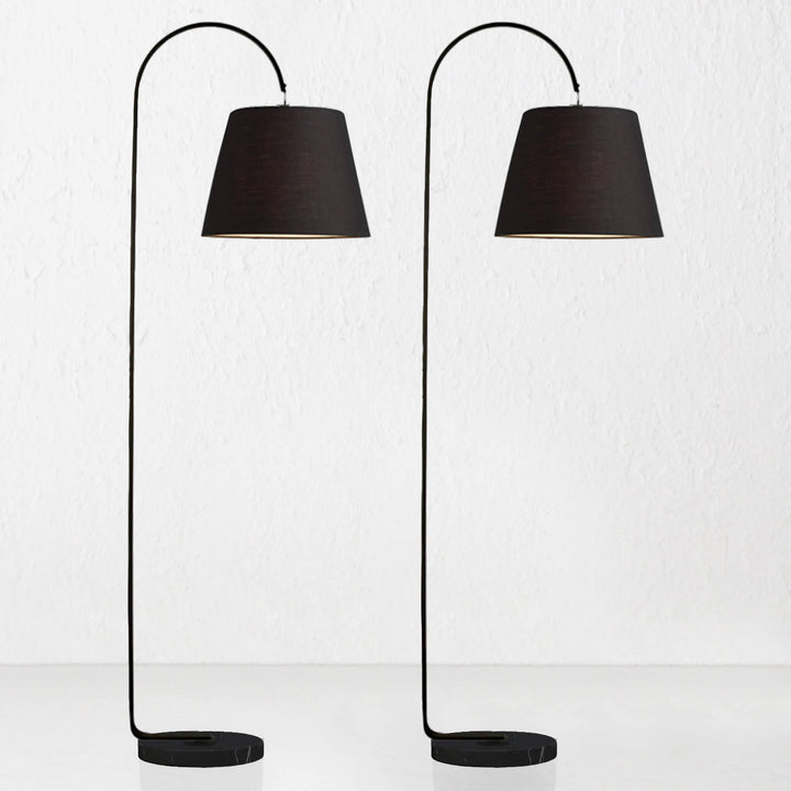 LACRES CURVED MATTE BLACK FLOOR LAMP  | NOIR MARBLE  |  BLACK LINEN SHADE  |  BUNDLE X2