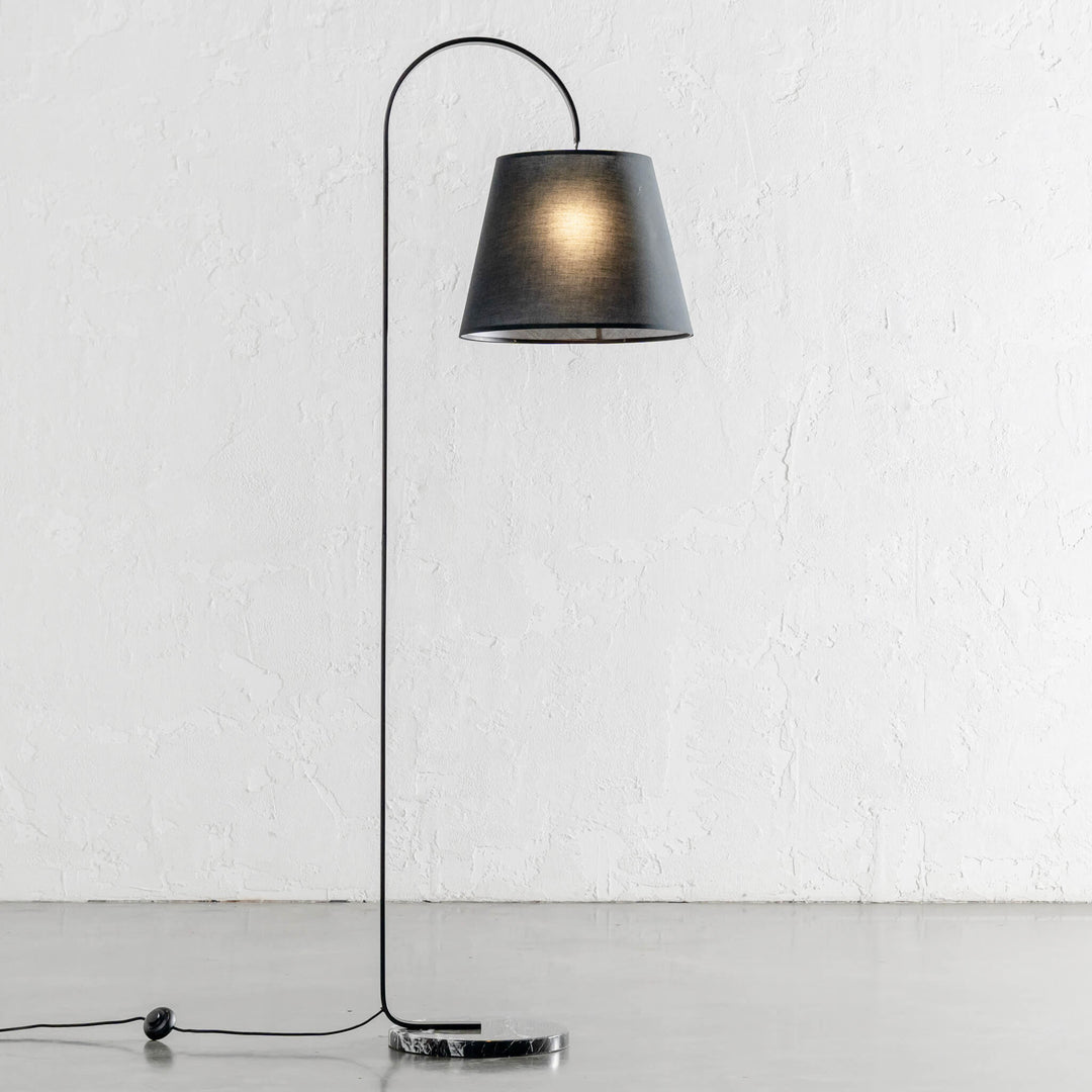 LACRES CURVED MATTE BLACK FLOOR LAMP | NOIR MARBLE | BLACK LINEN SHADE