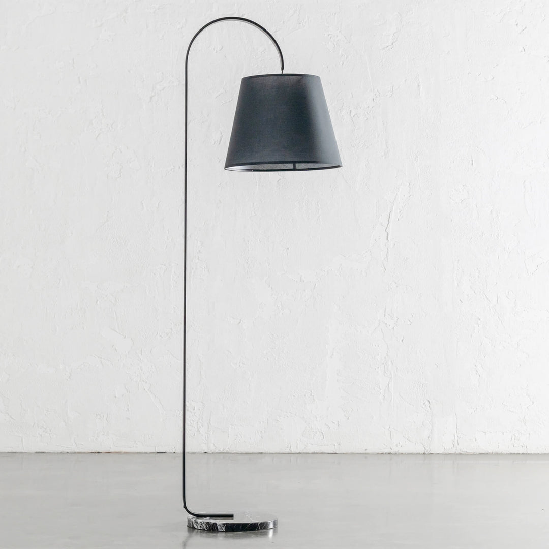 LACRES CURVED MATTE BLACK FLOOR LAMP | NOIR MARBLE | BLACK LINEN SHADE