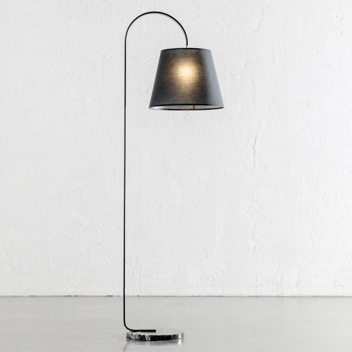 LACRES CURVED MATTE BLACK FLOOR LAMP | NOIR MARBLE | BLACK LINEN SHADE