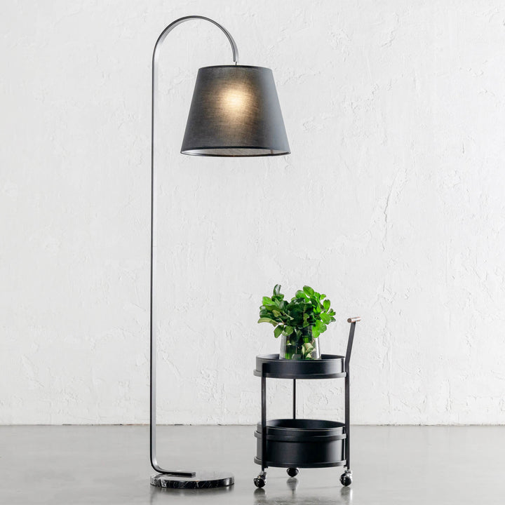 LACRES CURVED MATTE BLACK FLOOR LAMP | NOIR MARBLE | BLACK LINEN SHADE | STYLED