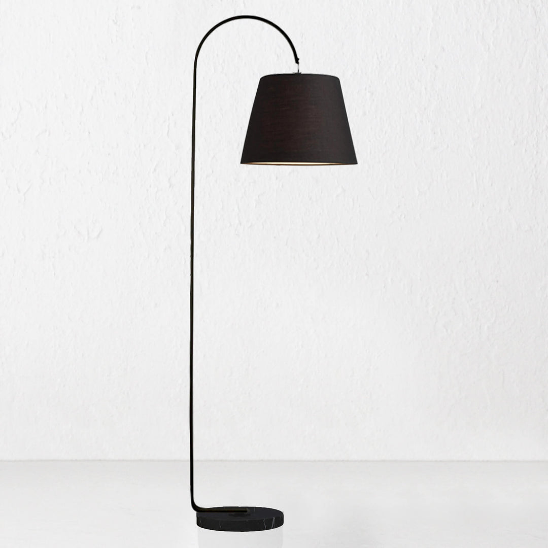 PRE ORDER  |  LACRES CURVED MATTE BLACK FLOOR LAMP  |  NOIR MARBLE  |  BLACK LINEN SHADE