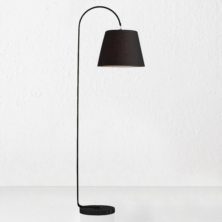 LACRES CURVED MATTE BLACK FLOOR LAMP  |  NOIR MARBLE  |  BLACK LINEN SHADE