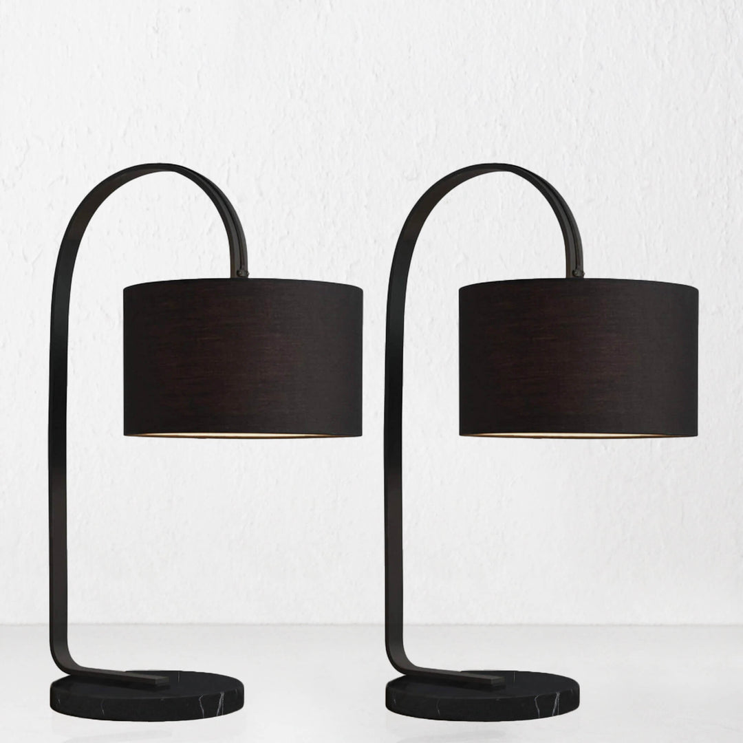 LACRES CURVED MATTE BLACK TABLE LAMP  | NOIR MARBLE  |  BLACK LINEN SHADE  |  BUNDLE X2