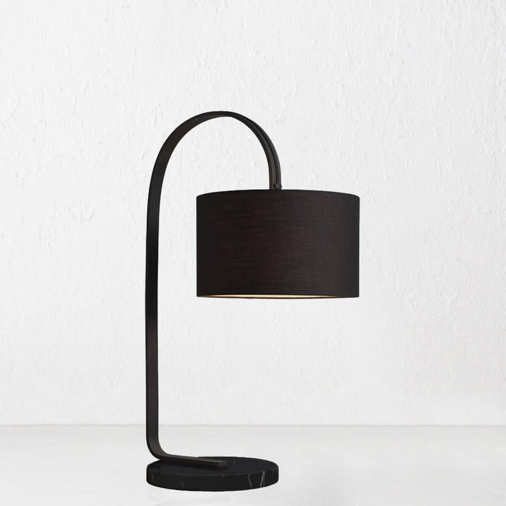 LACRES CURVED MATTE BLACK TABLE LAMP  | NOIR MARBLE  |  BLACK LINEN SHADE