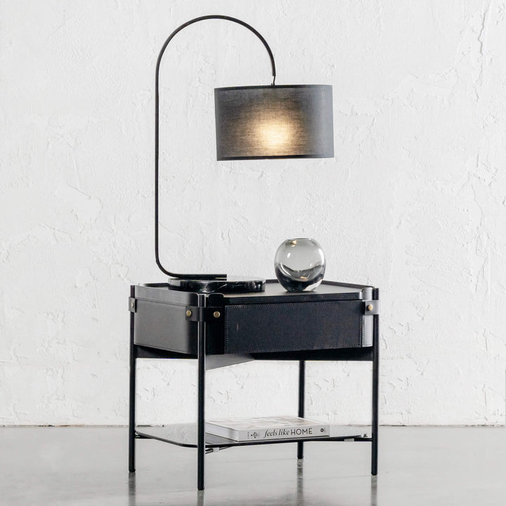 LACRES CURVED MATTE BLACK TABLE LAMP | NOIR MARBLE | BLACK LINEN SHADE | STYLED