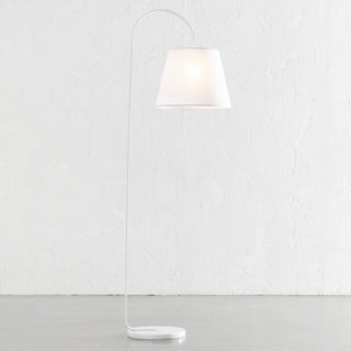 LACRES CURVED MATTE WHITE FLOOR LAMP | WHITE MARBLE | WHITE LINEN SHADE