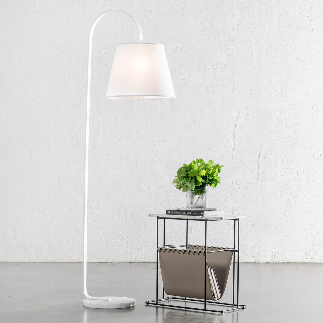 LACRES CURVED MATTE WHITE FLOOR LAMP | WHITE MARBLE | WHITE LINEN SHADE | STYLED