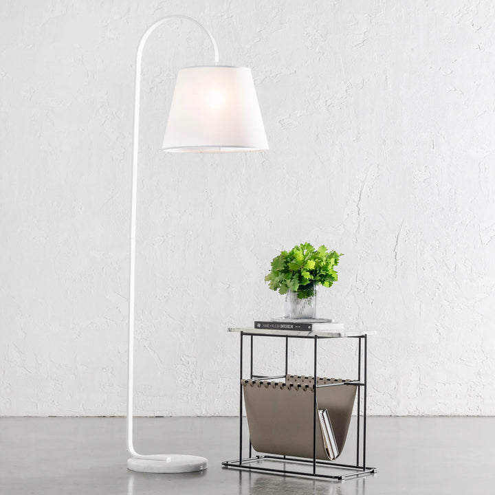 LACRES CURVED MATTE WHITE FLOOR LAMP | WHITE MARBLE | WHITE LINEN SHADE