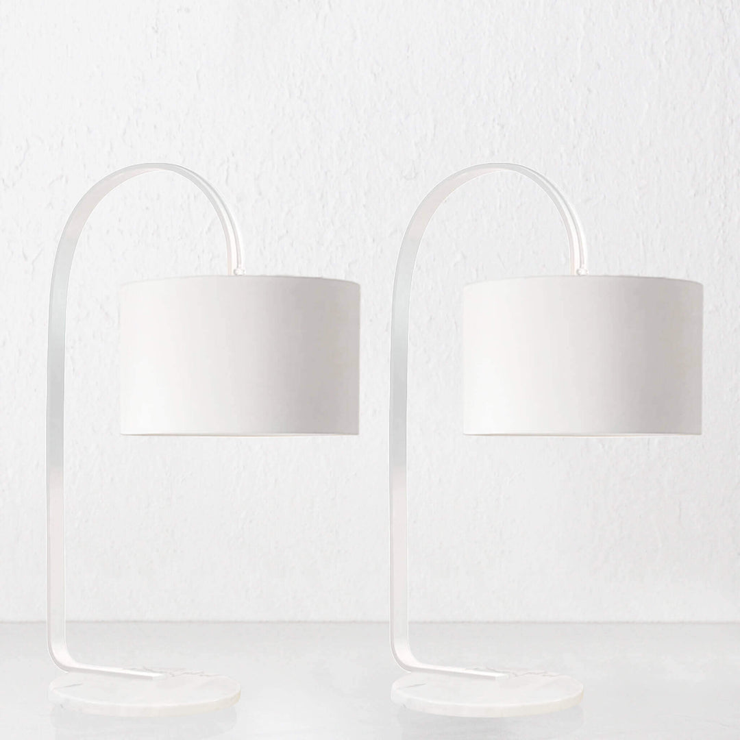 PRE ORDER  |  LACRES CURVED MATTE WHITE TABLE LAMP  | WHITE MARBLE  |  WHITE LINEN SHADE  |  BUNDLE X2