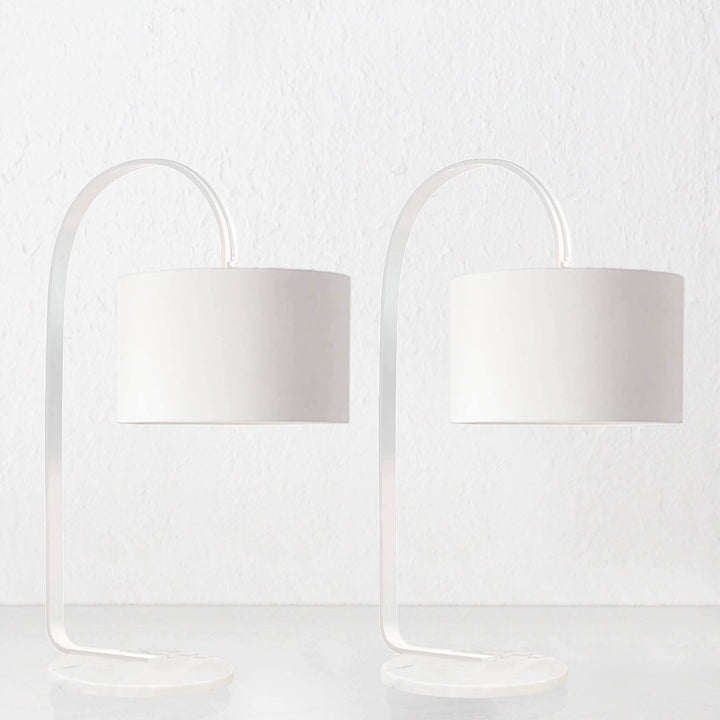 LACRES CURVED MATTE WHITE TABLE LAMP  | WHITE MARBLE  |  WHITE LINEN SHADE  |  BUNDLE X2