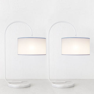 LACRES CURVED MATTE WHITE TABLE LAMP  | WHITE MARBLE  |  WHITE LINEN SHADE  |  BUNDLE X2