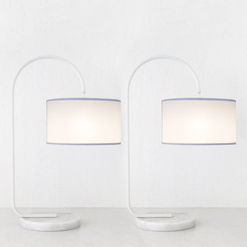 LACRES CURVED MATTE WHITE TABLE LAMP  | WHITE MARBLE  |  WHITE LINEN SHADE  |  BUNDLE X2