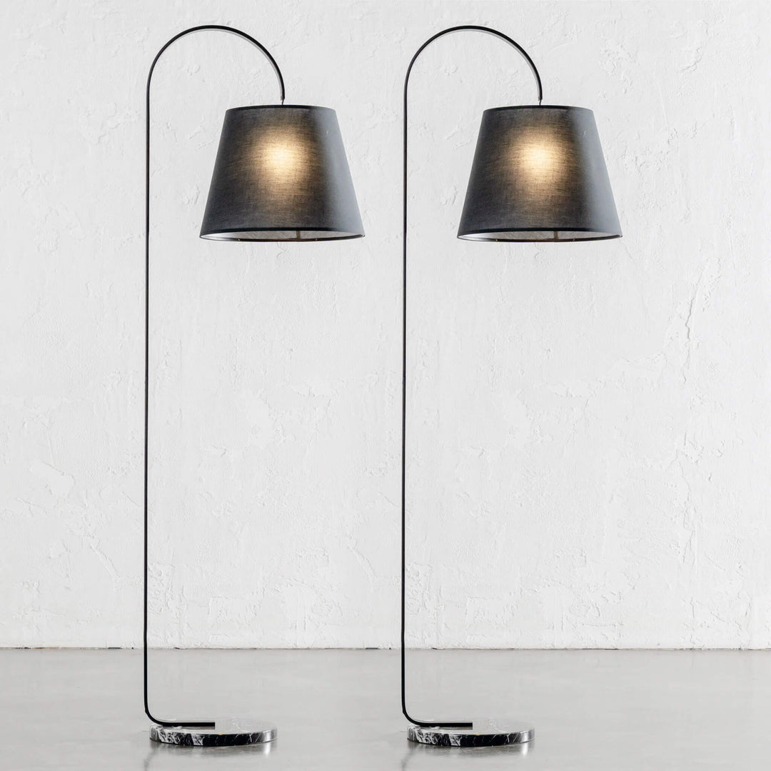 LACRES CURVED MATTE BLACK FLOOR LAMP | NOIR MARBLE | BLACK LINEN SHADE | BUNDLE X2