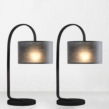 LACRES CURVED MATTE BLACK TABLE LAMP | NOIR MARBLE | BLACK LINEN SHADE | BUNDLE X2
