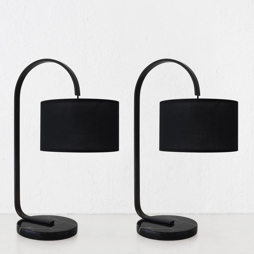 LACRES CURVED MATTE BLACK TABLE LAMP | NOIR MARBLE | BLACK LINEN SHADE | BUNDLE X2