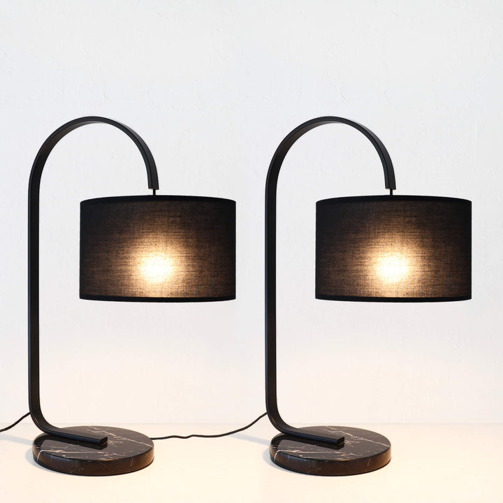LACRES CURVED MATTE BLACK TABLE LAMP | NOIR MARBLE | BLACK LINEN SHADE | BUNDLE X2