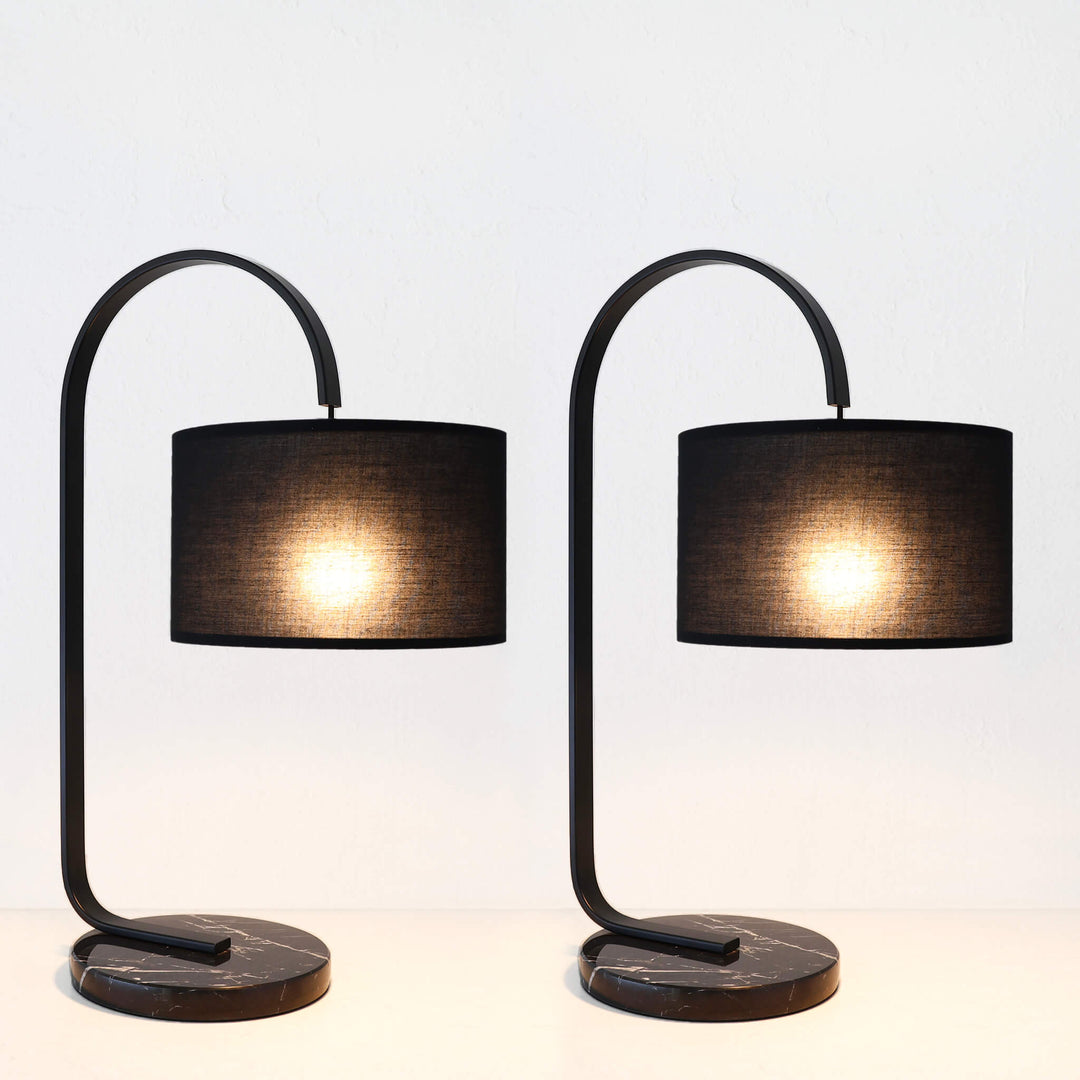 LACRES CURVED MATTE BLACK TABLE LAMP | NOIR MARBLE | BLACK LINEN SHADE | BUNDLE X2