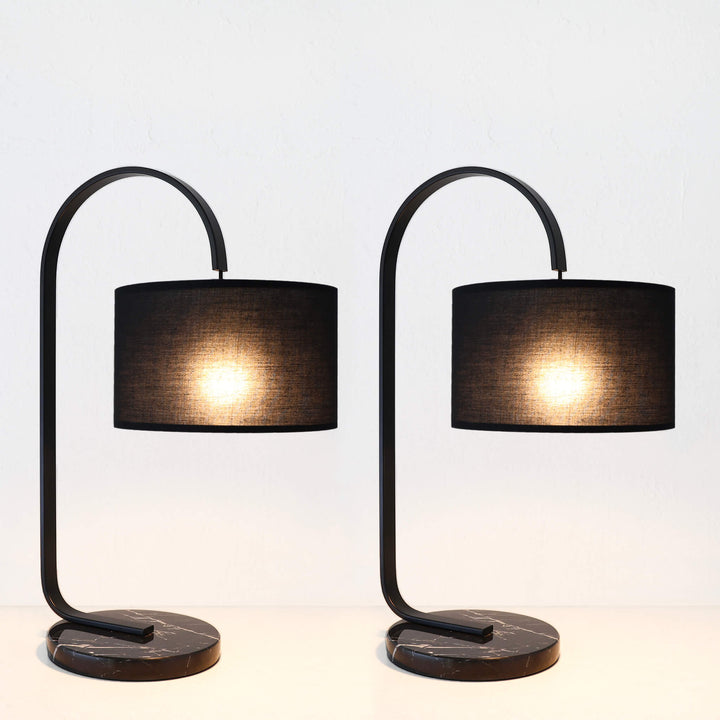 LACRES CURVED MATTE BLACK TABLE LAMP | NOIR MARBLE | BLACK LINEN SHADE | BUNDLE X2
