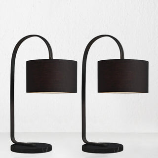 LACRES CURVED MATTE BLACK TABLE LAMP | NOIR MARBLE | BLACK LINEN SHADE | BUNDLE X2