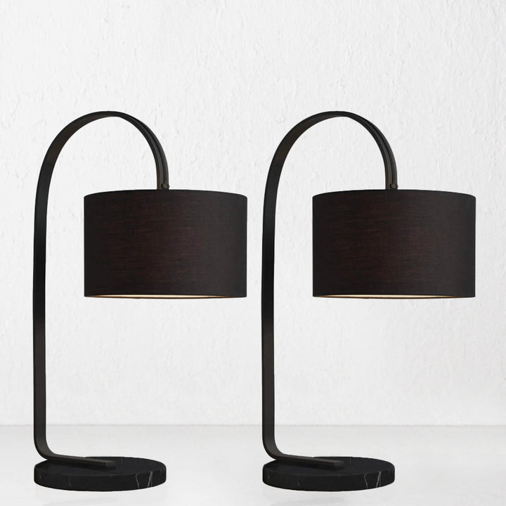 LACRES CURVED MATTE BLACK TABLE LAMP | NOIR MARBLE | BLACK LINEN SHADE | BUNDLE X2