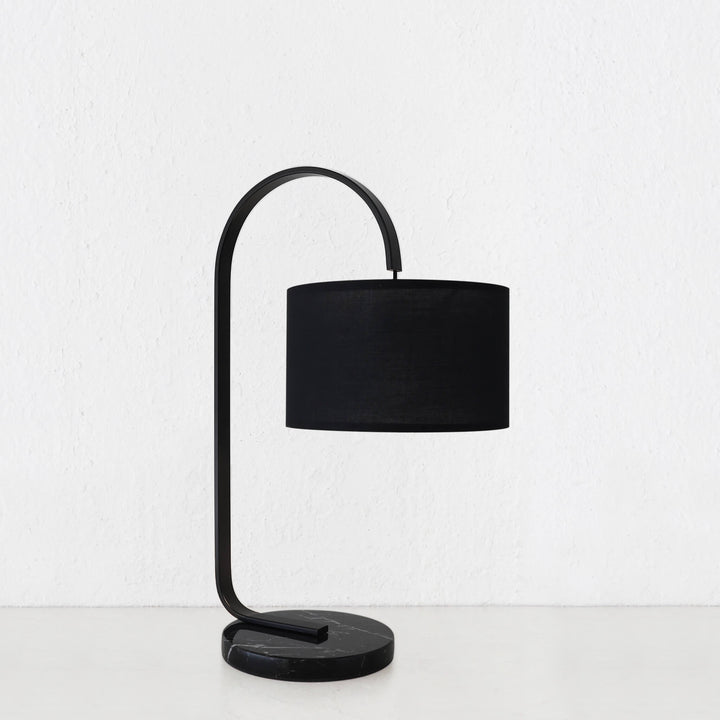 LACRES CURVED MATTE BLACK TABLE LAMP  | NOIR MARBLE  |  BLACK LINEN SHADE