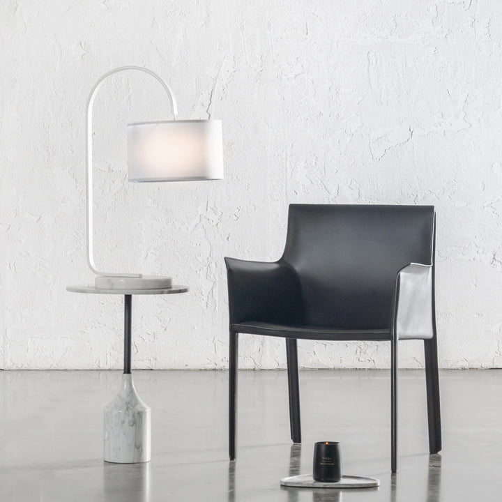 LACRES CURVED MATTE WHITE TABLE LAMP  | WHITE MARBLE  |  WHITE LINEN SHADE