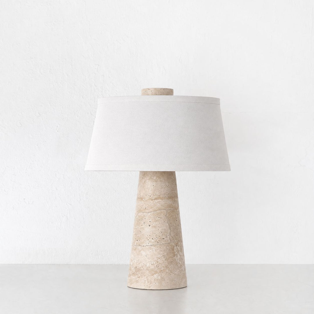 LAZZARA TABLE LAMP  | 43CM  |  TRAVERTINE + LINEN SHADE